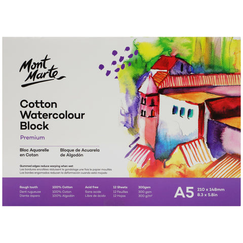 MM Cotton Watercolour Paper Block 300gsm A5 12 Sht